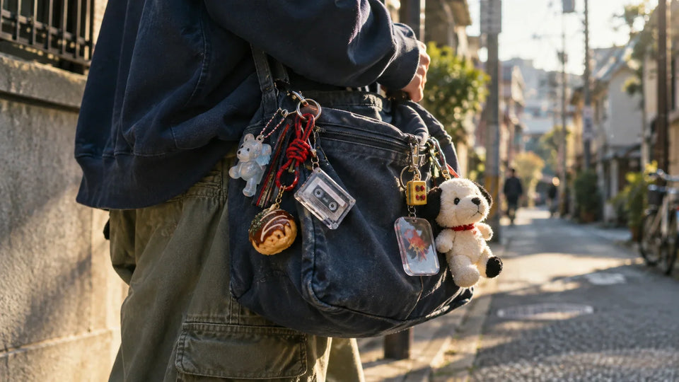 Japanese street-style shoulder bag decorated with an eclectic mix of small charms and keychains