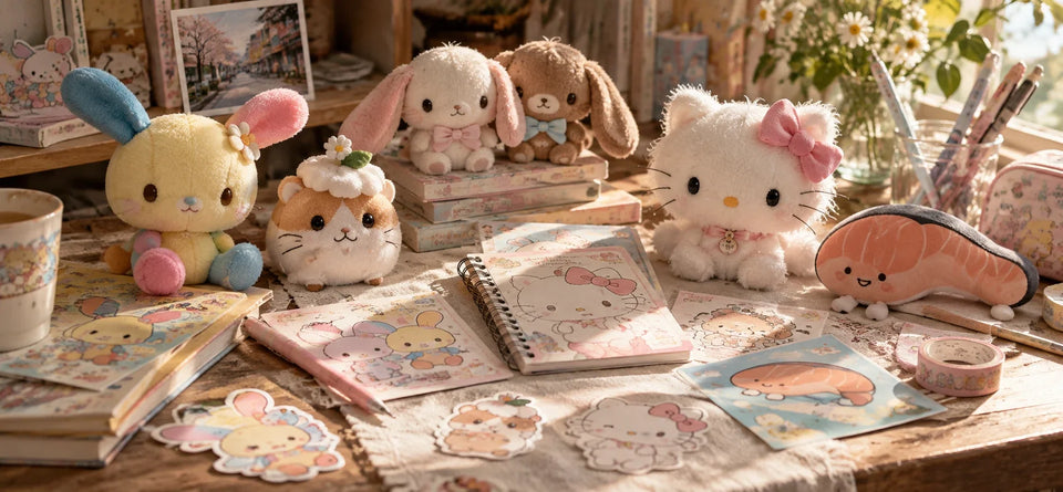 Nostalgic Sanrio character-inspired keepsakes and stationery arranged on a warmly lit collector's desk