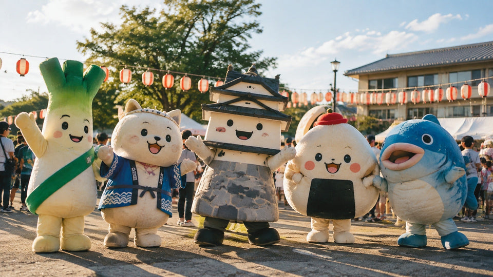 AI-generated editorial illustration of a lively Japanese local mascot festival with five original fictional characters